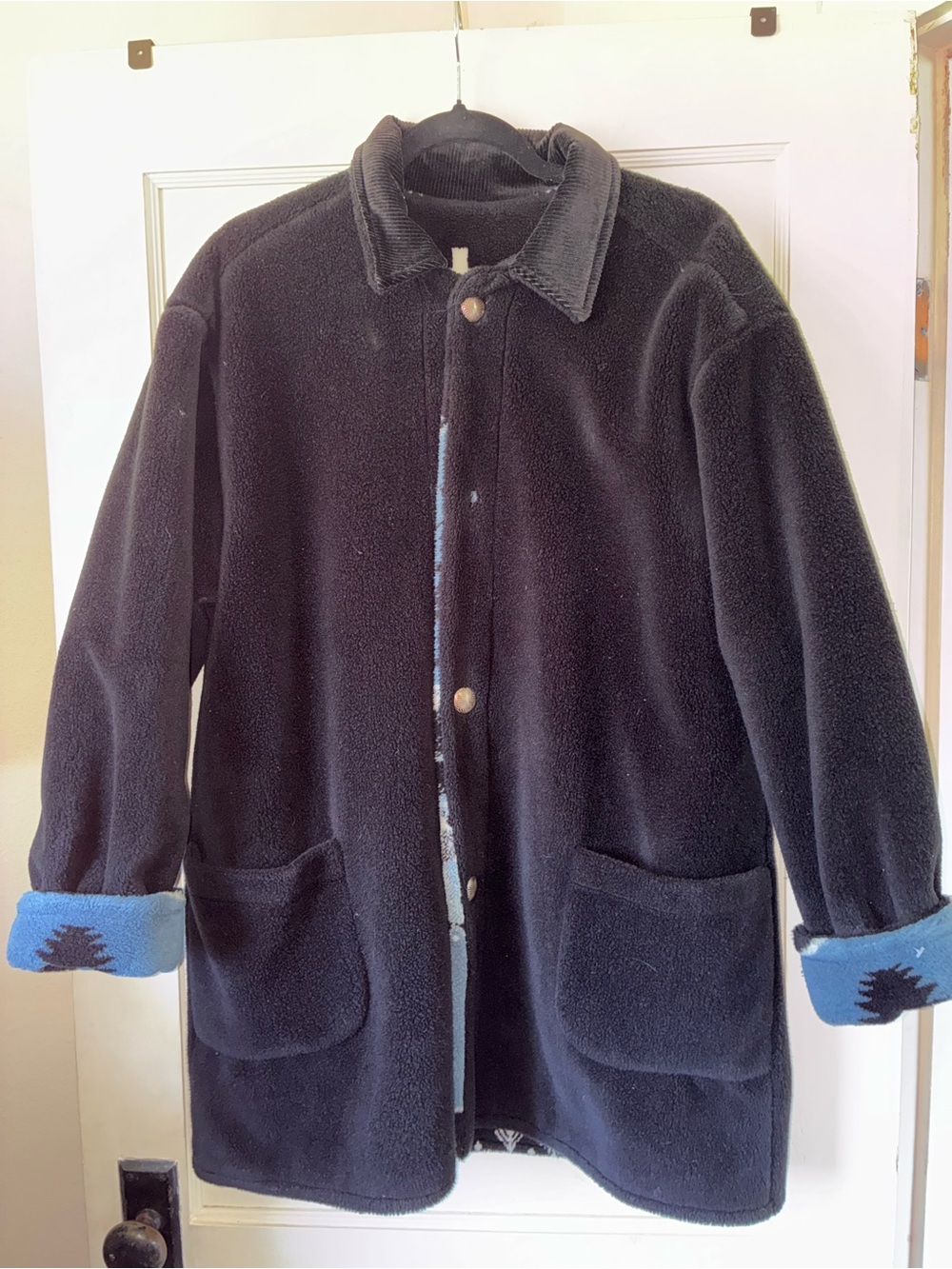 Vtg Denali Fleece Coat M Black Blue Horse Aztec Coat Reversible Button Corduroy